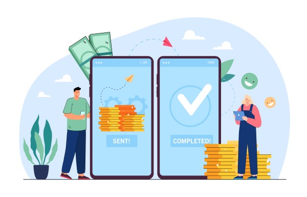 ACH Transfers Processing Time: Faster and More Efficient An Illustration of Two Smartphones Displaying a Digital Payment Transaction, One Labeled "Sent!" and the Other "Completed!" with Coins and Dollar Bills