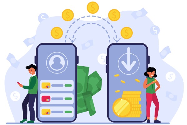 Illustration of Two Smartphones with Digital Wallets, Transferring Money Securely and Efficiently