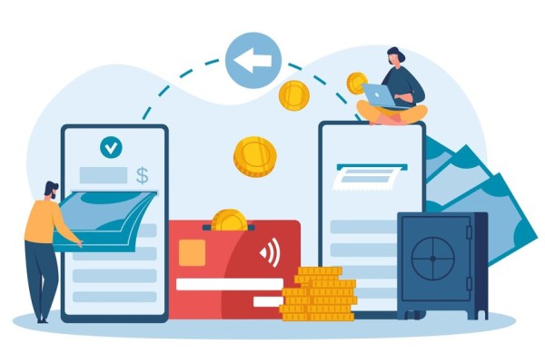 Illustration of a Digital Payment System with a Person Handling Cash, Credit Cards, and Secure Financial Transactions
