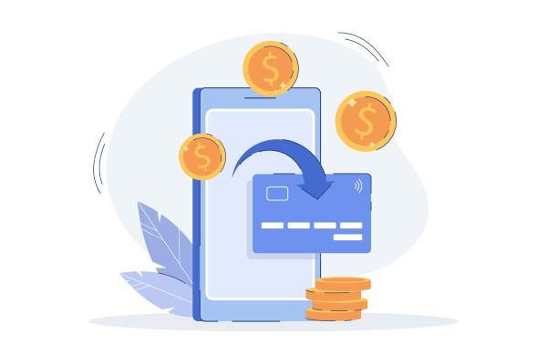 Digital Transaction with a Credit Card and Dollar Coins Flowing into a Smartphone