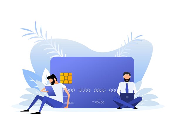 Two Professionals Working on Laptops with a Large Digital Credit Card in the Background