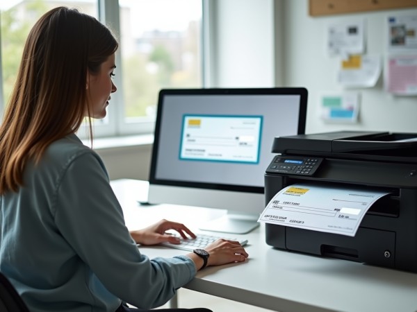 Print Payroll and Business Checks with Ease Woman Using an Advanced Printable Checks Software to Print Business Checks Directly from Her Computer
