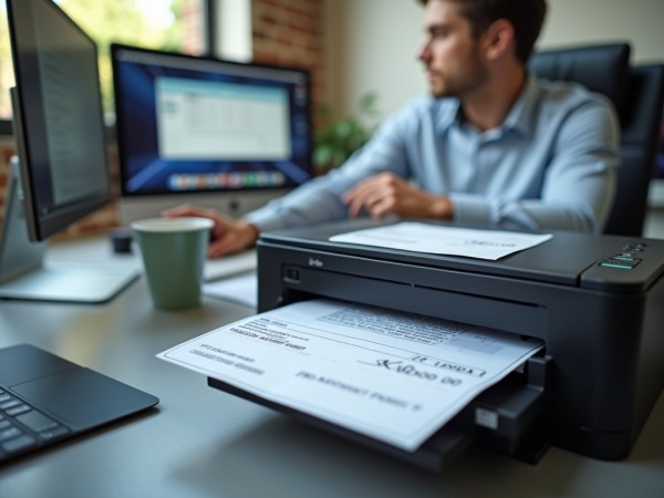 Secure, Compliant, and Cost-Effective Check Printing Business Professional Printing Secure Company Checks from a Modern Printer While Managing Transactions on a Computer