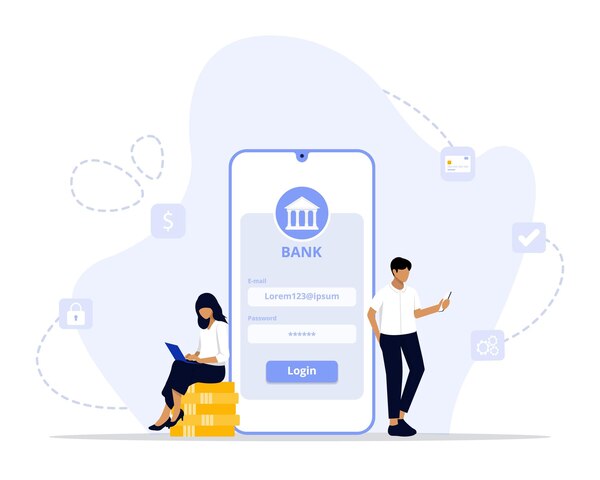 Understanding ACH Payment Method for Secure Transfers A Mobile Banking Login Screen with Users Interacting with Financial Services, Surrounded by Banking and Security Icons