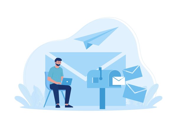 Why Choose FinoGates for Mailed Checks A Man Managing Mailed Checks Through an Online Platform, with Digital Envelopes Flying in the Background