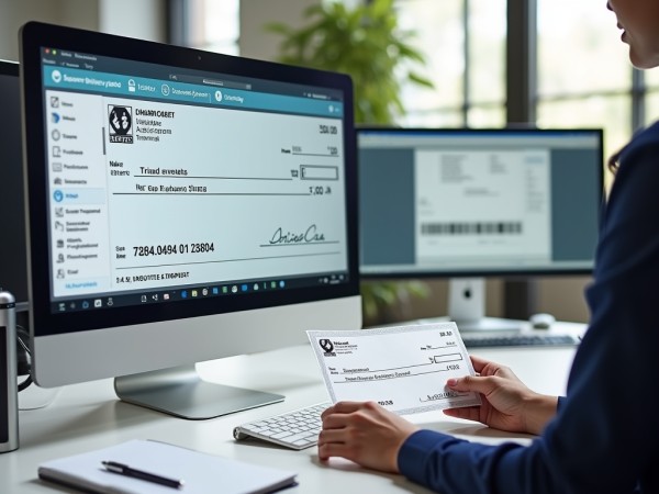 Why Choose FinoGates for Printable Checks User Reviewing a Professionally Printed Check Alongside an Intuitive Online Check Creation Interface on a Computer Screen