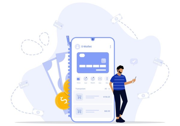 Customizable Mobile Experiences for Users Mobile Wallet Interface Showing Transactions and Payment Options on a Smartphone with a User Standing Nearby