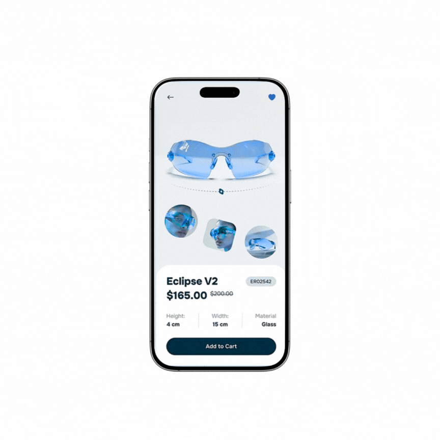 Embedded Finance Animated Mobile Interface Displaying a Product Page for Futuristic Blue Glasses, Showcasing an E-Commerce Experience Enhanced by Embedded Finance Technology on a Smartphone Screen