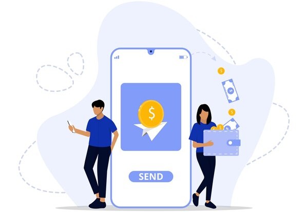 Mobile Wallet Interface Showing Transactions and Payment Options on a Smartphone with a User Standing Nearby