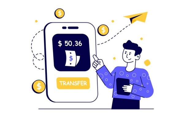 Mobile Wallet Interface Showing Transactions and Payment Options on a Smartphone with a User Standing Nearby