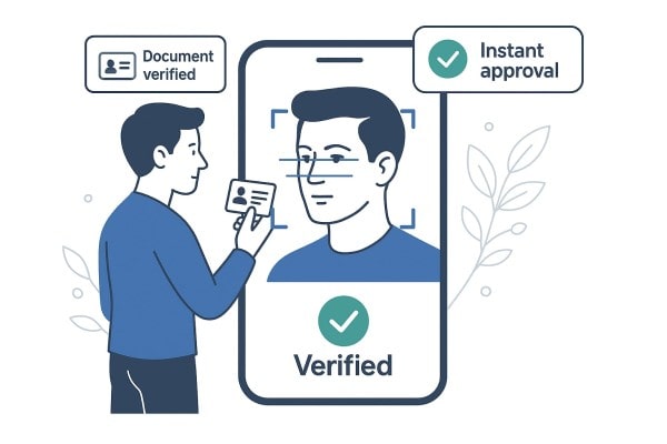 Faster Onboarding With Real-Time ID Checks Mobile Wallet Interface Showing Transactions and Payment Options on a Smartphone with a User Standing Nearby