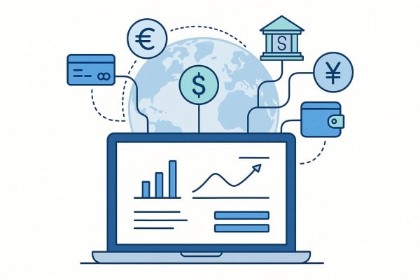 Illustration of a Laptop Displaying Financial Graphs and Currency Symbols, Symbolizing Global Online Banking and Investment