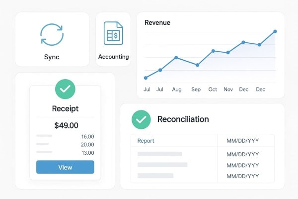 Image Displaying Financial Tools: Sync Icon, Accounting Document, Revenue Graph, Receipt of $49, and Reconciliation Report Fields
