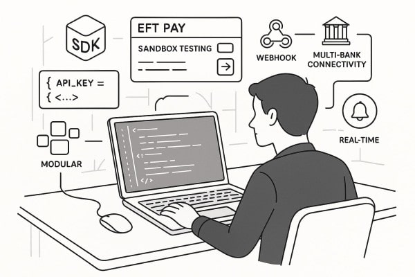 A Laptop Displays Code for Fetching Payment Intents, Surrounded by Icons Representing Payment Processing and Data Analytics