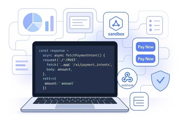 A Laptop Displays Code for Fetching Payment Intents, Surrounded by Icons Representing Payment Processing and Data Analytics