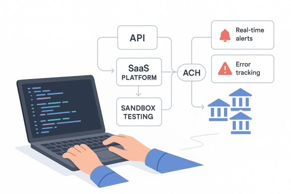 A Laptop Displays Code for Fetching Payment Intents, Surrounded by Icons Representing Payment Processing and Data Analytics