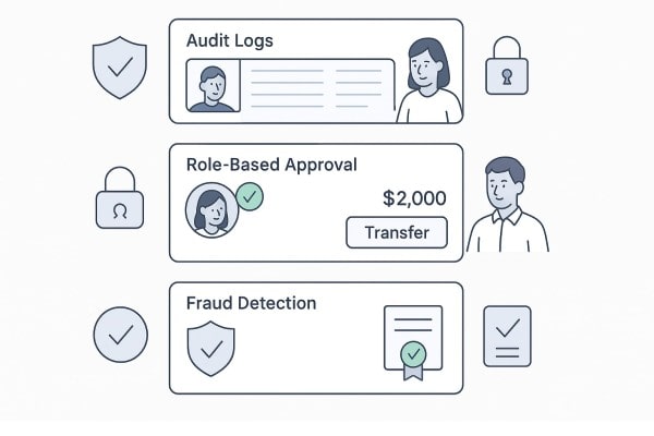 Developers Using Laptops Collaborate on API Integration with SDK, Server, Webhook, and Security Icons, Signifying a Tech-Focused Workspace